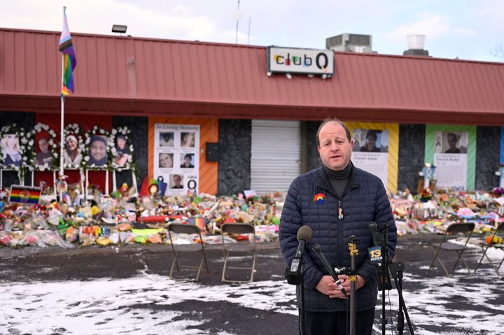 COLORADO SPRINGS, CO - NOVEMBER 29 : Gov. Jared Polis visit Club Q and pay respects at the memorial for the victims of the Club Q shooting in Colorado Springs, Colorado on Tuesday, November 29, 2022. (Photo by Hyoung Chang/The Denver Post)