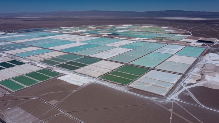 An aerial view of the brine ponds and processing areas of a lithium mine owned by Chilean company SQM (Sociedad Química y Minera) in Calama, Chile, on Sept. 12, 2022.