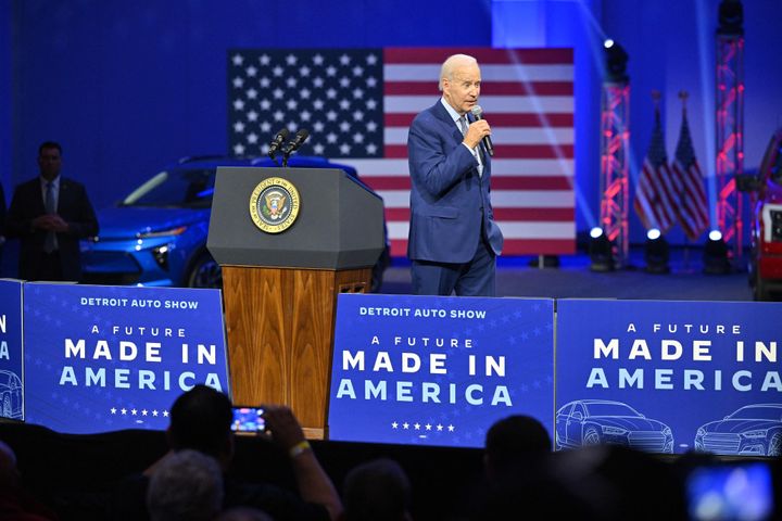 U.S. President Joe Biden speaks at the 2022 North American International Auto Show in Detroit on Sept. 14, 2022.