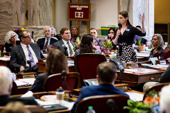 Montana State Representative Zooey Zephyr speaks as a motion to bar her from the House chamber was discussed, at the Montana State Capitol in Helena, Montana, U.S. April 26, 2023. Rep. Zephyr will still be able to vote on bills remotely. REUTERS/Mike Clark NO RESALES. NO ARCHIVES