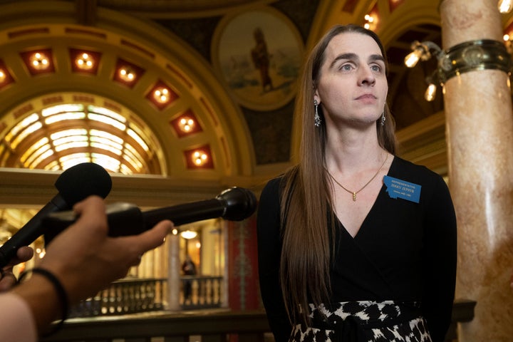 Montana state Rep. Zooey Zephyr talks with the media after a House session in Helena on Wednesday.