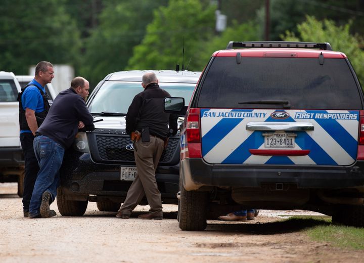 Law enforcement authorities responded to a scene where five people were shot the night before Saturday, April 29, 2023, in Cleveland, TX. (Yi-Chin Lee/Houston Chronicle via AP)