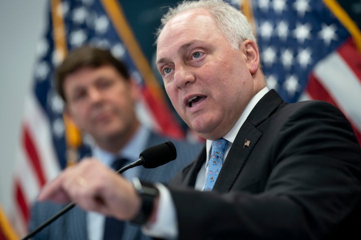 House Majority Leader Steve Scalise, R-La., speaks to reporters at the Capitol in Washington, Wednesday, April 26, 2023. More than a half million of the poorest Americans would be left without health insurance under legislation passed by House Republicans that would require people to work in exchange for health care coverage through Medicaid. The bill is unlikely to become law, though, with Democrats strongly opposing the idea. (AP Photo/J. Scott Applewhite, File)