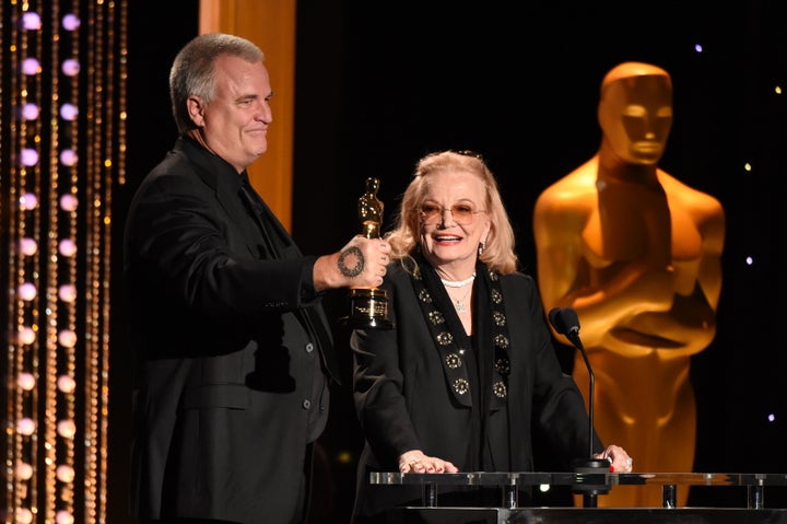 Rowlands' son Nick Cassavetes presents the actor with an Honorary Academy Award in 2015.