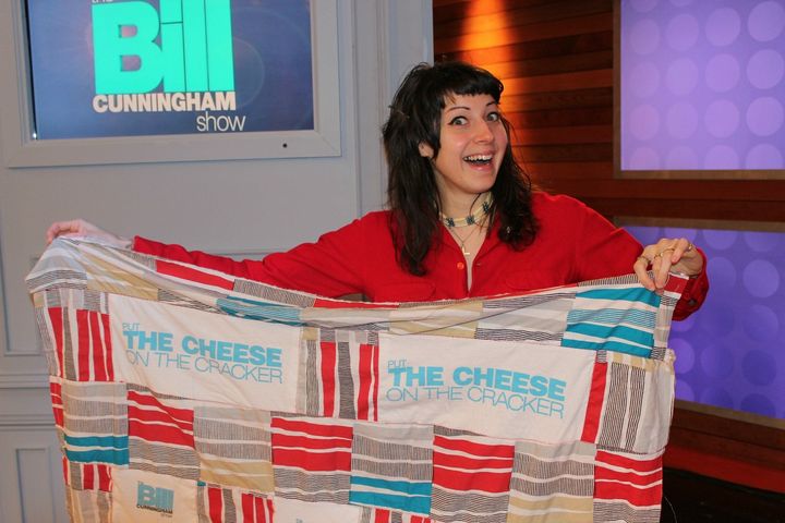 The author made a quilt out of the free T-shirts given to “The Bill Cunningham Show” audience members.