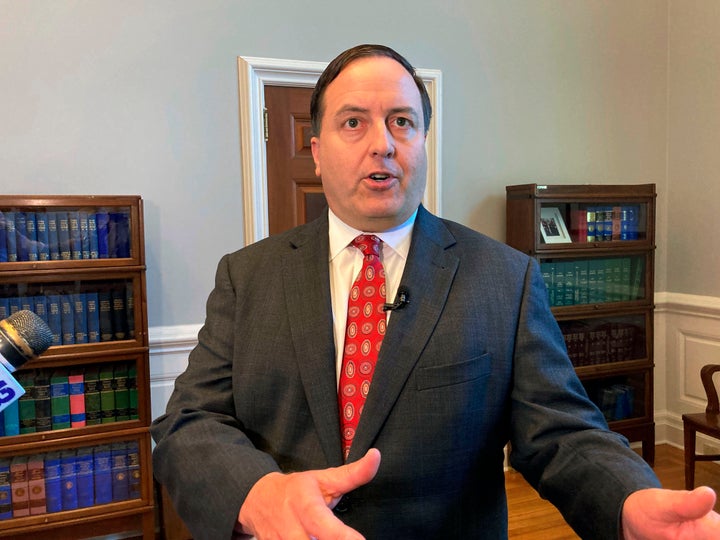 FILE - Missouri Secretary of State Jay Ashcroft speaks to reporters at his Capitol office in Jefferson City, Missouri on June 29, 2022. Ashcroft has said Missouri has secure elections and praised Gov. Mike Parson for signing a package of election law changes last year that included a new photo ID requirement.