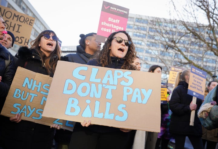 Workers on the picket line outside St Thomas' Hospital in London.