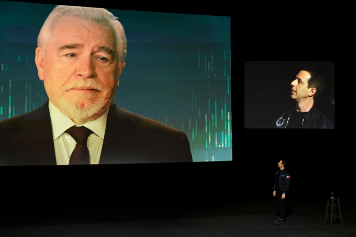 Kendall Roy (Jeremy Strong) talks to a video made to look like a hologram version of his late father Logan (Brian Cox) on stage during a product launch presentation on Sunday night's episode of HBO's "Succession."