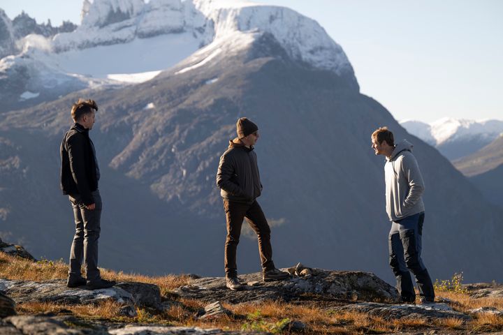 Roman (Kieran Culkin), Kendall and Matsson (Alexander Skarsgård) trading insults on a mountaintop in Norway, during last week's episode of "Succession."