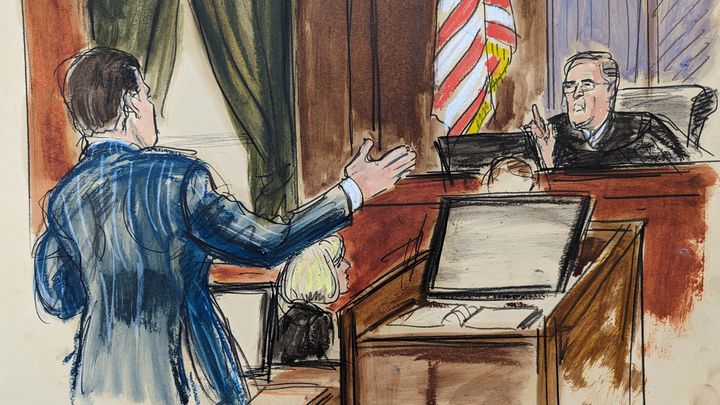 Judge Lewis Kaplan addresses attorney Joe Tacopina, a lawyer for former President Donald Trump, in a courtroom sketch on April 26.