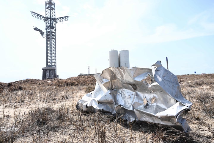 Debris litters the ground on April 22, 2023, after the SpaceX Starship liftedoff on April 20 for a flight test from Starbase in Boca Chica, Texas. (Photo by PATRICK T. FALLON/AFP via Getty Images)