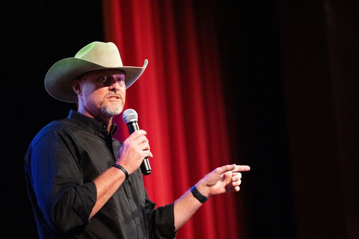 Mark Lamb speaks during Republican Senate candidate Jim Lamon's town hall event at the Combs Performing Art Center in San Tan Valley, Arizona, on July 7, 2022.