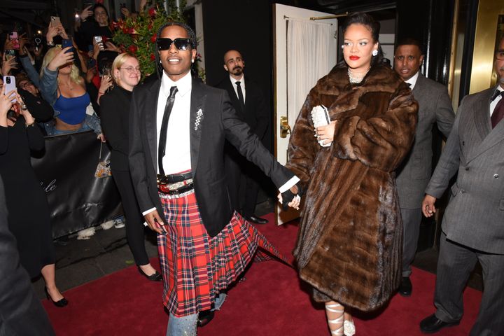 A$AP Rocky and Rihanna at The Carlyle Hotel heading to the 2023 Met Gala after the red carpet ended on Monday.