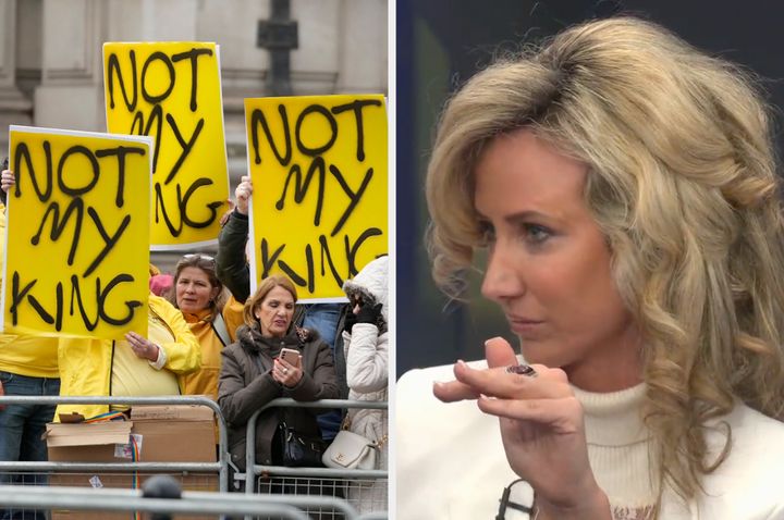People demonstrating against King Charles in March (left) and Lady Victoria Hervey on GB News
