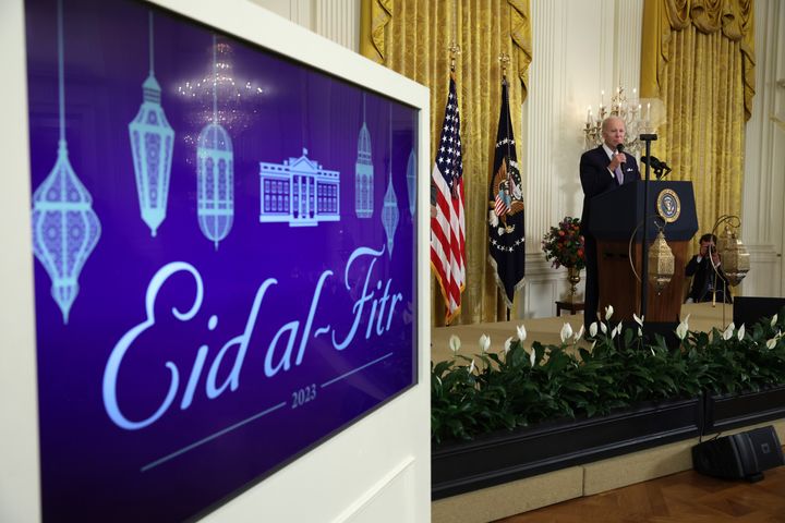 President Joe Biden speaks during a reception celebrating Eid-al-Fitr in the East Room of the White House on May 1.