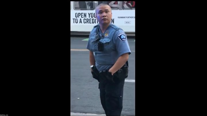 FILE - In this screen grab from video, former Minneapolis police officer Tou Thao appears at the scene where George Floyd died at the hands of former police officer Derek Chauvin, on May 25, 2020, in Minneapolis, Minn. Thao, who held back bystanders while his colleagues restrained a dying George Floyd, was found guilty on Monday, May 1, 2023 of aiding and abetting manslaughter. (Court TV, via AP, Pool)