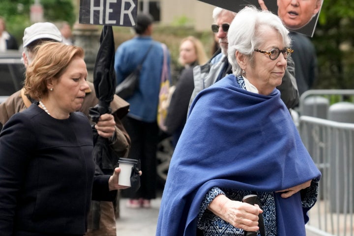 Jessica Leeds, right, arrives at federal court to testify as part of a lawsuit against former President Donald Trump in New York on Tuesday.
