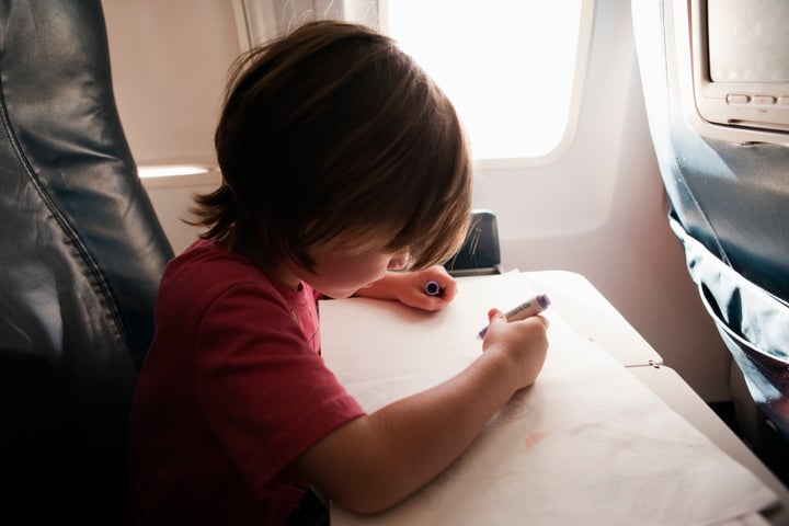 Crayola has a line of mess-free markers and paints that work on special paper so they won't stain clothes or seats.