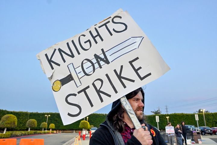 Medieval Times knight Brandon Sanchez on the picket line in Buena Park, California.