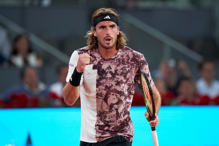 MADRID, SPAIN - MAY 02: Stefanos Tsitsipas of Greece celebrates a point against Bernabe Zapata Miralles of Spain during their fourth round match on day nine of the Mutua Madrid Open at La Caja Magica on May 02, 2023 in Madrid, Spain. (Photo by Jose Manuel Alvarez/Quality Sport Images/Getty Images)