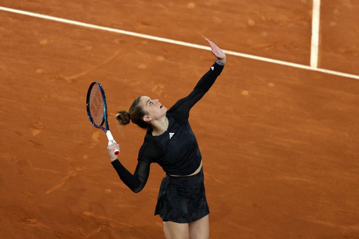 MADRID, SPAIN - MAY 02: Maria Sakkari of Greece serves against Irina-Camelia Begu of Romania during the Women's Singles Quarter-Final match on Day Nine of the Mutua Madrid Open at La Caja Magica on May 02, 2023 in Madrid, Spain. (Photo by Clive Brunskill/Getty Images)
