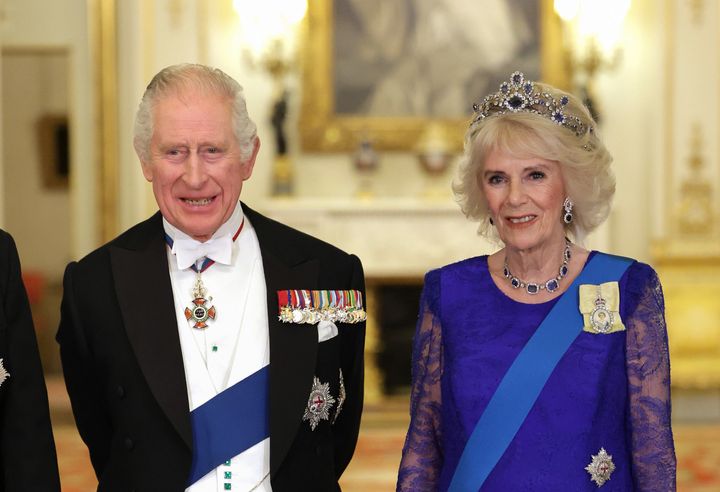  King Charles III and Camilla, Queen Consort during the State Banquet at Buckingham Palace on November 22, 2022