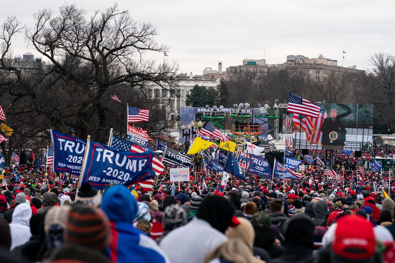 Donald Trump speaks at a rally on the White House Ellipse on Jan. 6, 2021, ahead of the Capitol riot. 