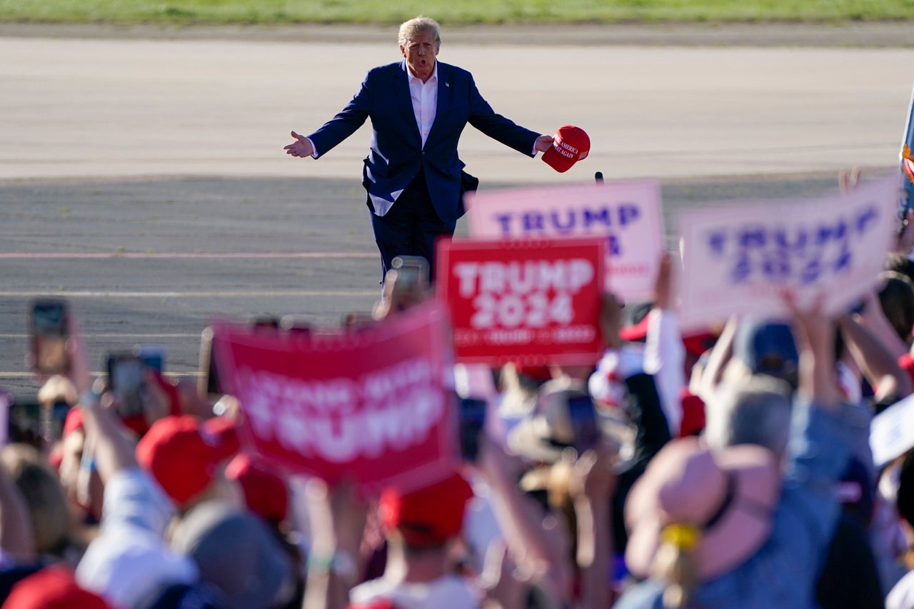 Trump arrives to speak at a campaign rally March 25, 2023, in Waco, Texas. 