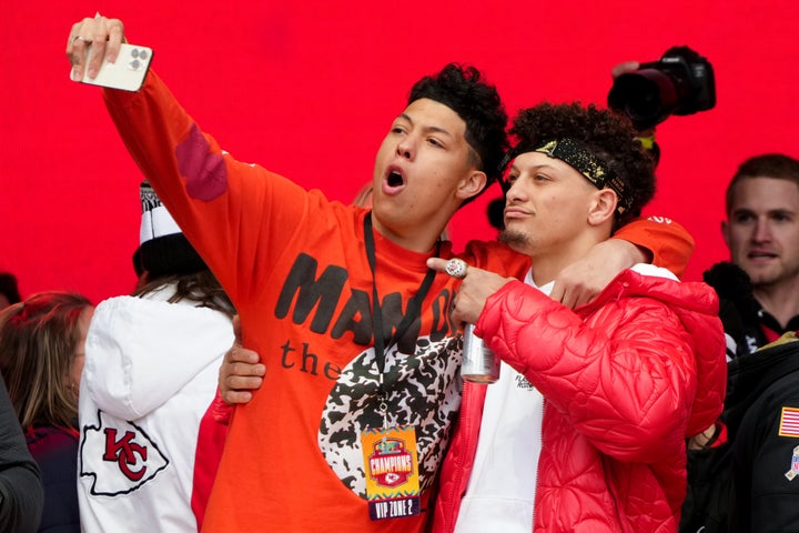 Jackson Mahomes with brother Patrick Mahomes of the Kansas City Chiefs during the team's Super Bowl victory parade on Feb. 15.