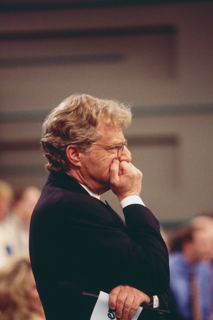 Springer watches a scene from the stage he helped create on "The Jerry Springer Show."