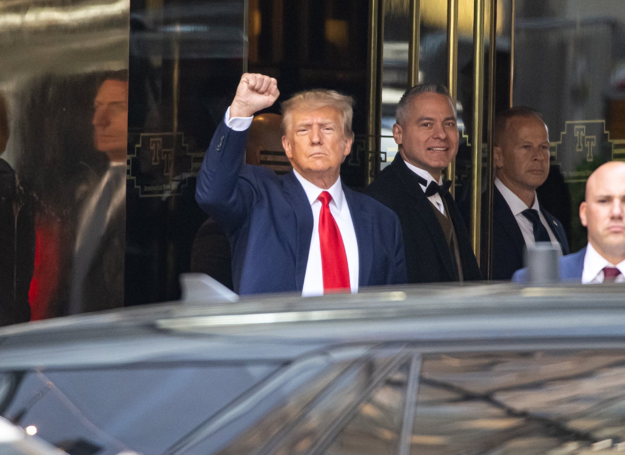 Trump exits Trump Tower to attend court for his arraignment on April 4, 2023, on charges related to the hush-money payoff of porn star Stormy Daniels during the 2016 campaign.