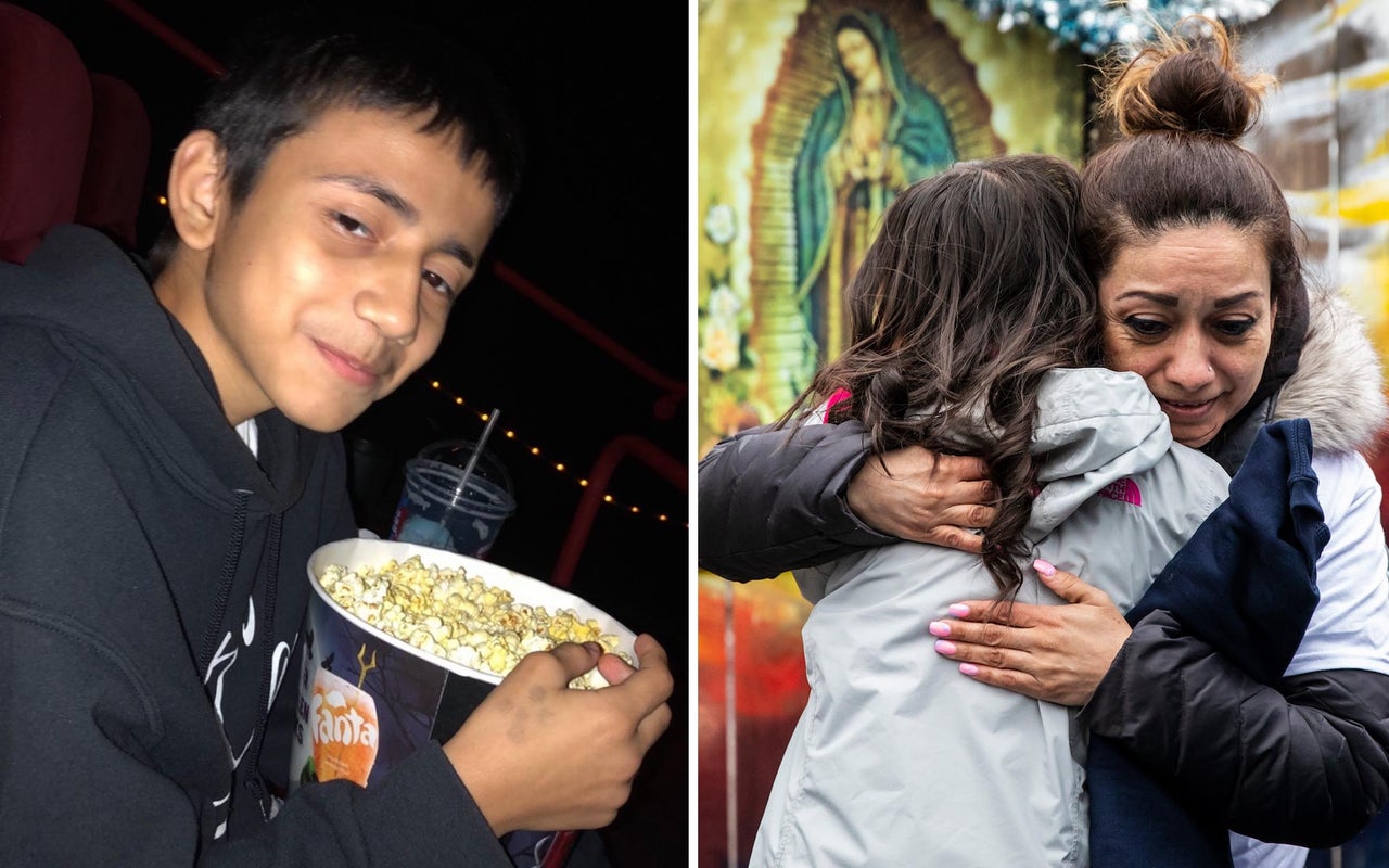 Chicago police officer fatally shot 13-year-old Adam Toledo in 2022. Right: His mother, Elizabeth Toledo, hugs a supporter during a vigil and news conference on the one-year anniversary of his death.