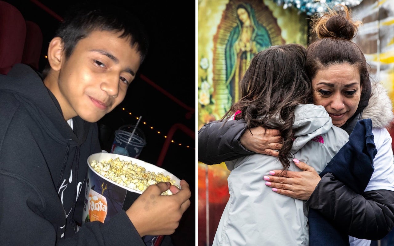 Chicago police officer fatally shot 13-year-old Adam Toledo in 2022. Right: His mother, Elizabeth Toledo, hugs a supporter during a vigil and news conference on the one-year anniversary of his death. 