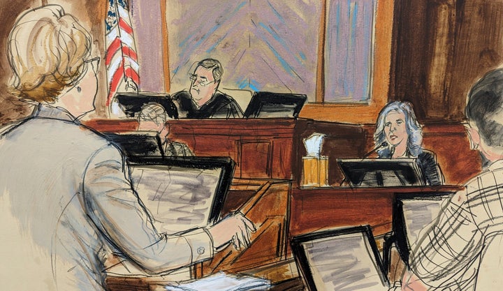 Psychologist Leslie Lebowitz, right, testifies while being questioned Wednesday in New York by E. Jean Carroll's attorney, Roberta Kaplan, left, in Manhattan federal court.