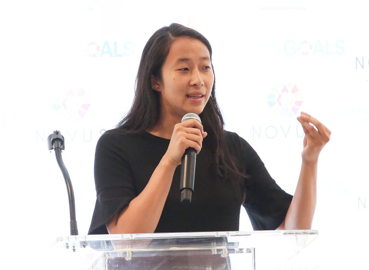 "When I feel burnt out or depressed, physical activity and puppy time are the best things to get me out of that rut," said Nadya Okamoto, shown above at the NOVUS #WeThePlanet forum at the United Nations in September 2019.