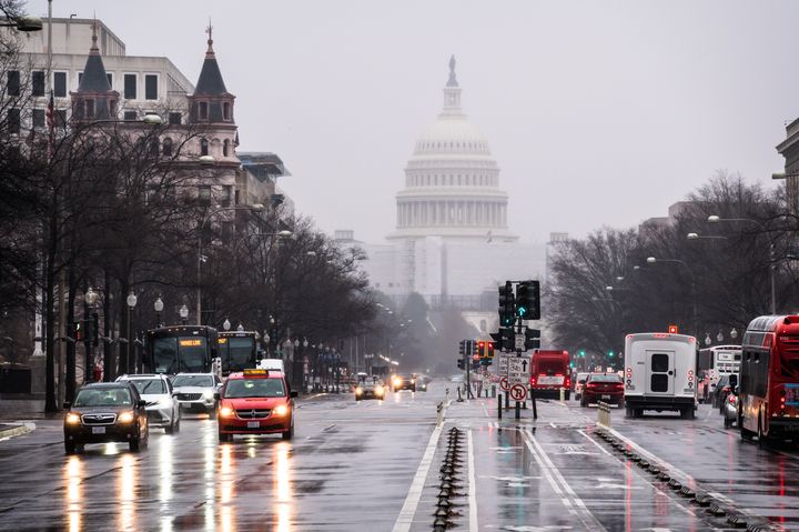 Dreary January weather on a busy street in Washington, DC, USA