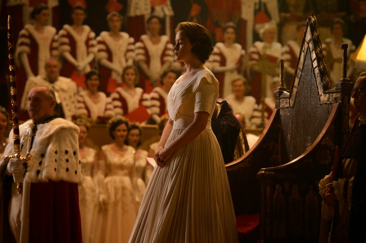 The replica coronation chair with Claire Foy in Ely Cathedral