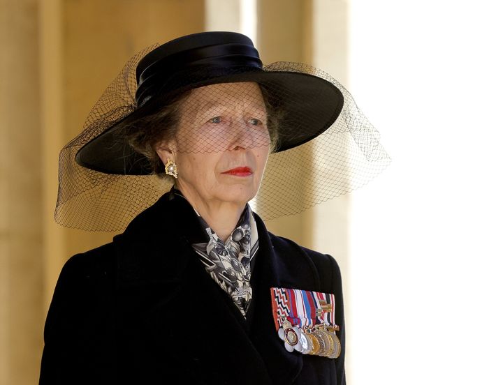 Princess Anne is seen during the Ceremonial Procession at the funeral of her father, Prince Philip, on April 17, 2021, in Windsor, England.