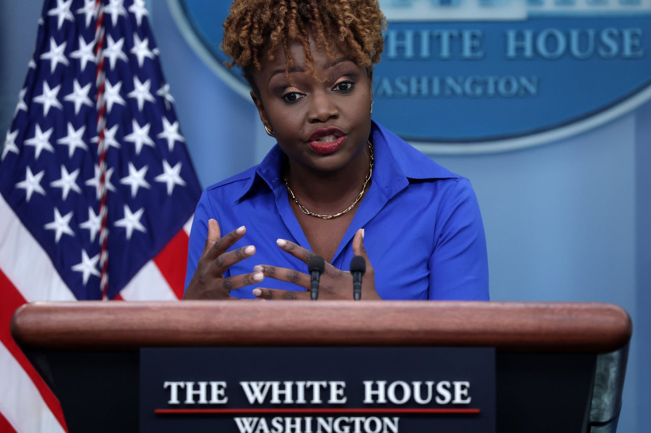 White House Press Secretary Karine Jean-Pierre speaks during a daily news briefing at the James S. Brady Press Briefing Room of the White House on Tuesday in Washington, D.C.