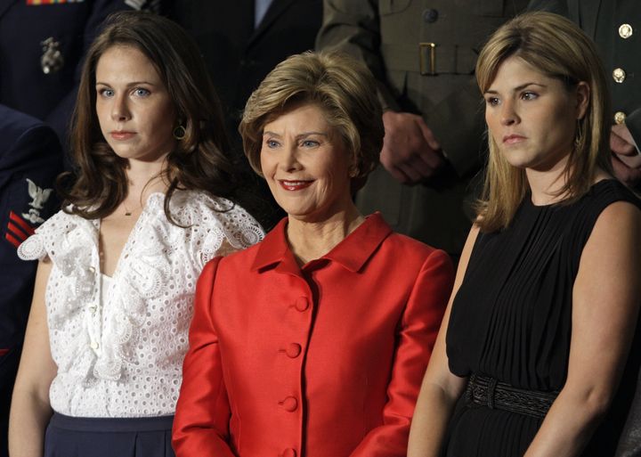 First lady Laura Bush, center, with daughters Barbara Pierce Bush, left, and Jenna Bush, right, on Jan. 28, 2008, in Washington.