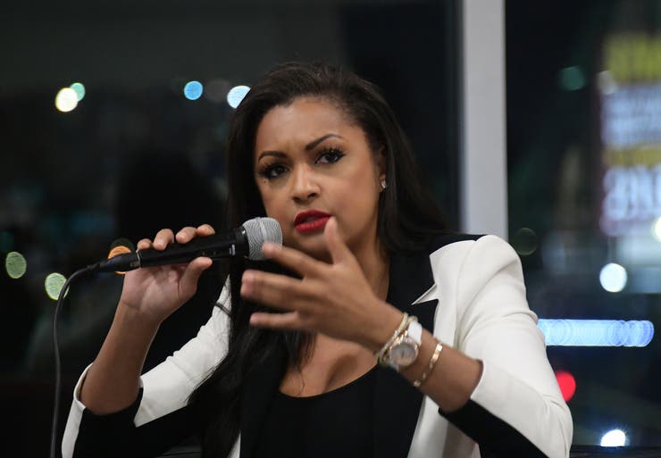 Eboni K. Williams speaks on stage at the 2023 Pan African Film & Arts Festival for the "Bet On Black" discussion and book signing with Devyn Bakewell at Malik Books on Feb. 15, 2023, in Los Angeles, California. The attorney recently found herself in hot water for her response to a question during an interview with Iyanla Vanzant.