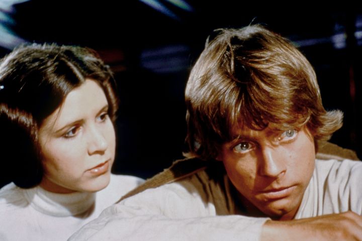 Princess Leia (Carrie Fisher) and Luke Skywalker (Mark Hamill) in the first "Star Wars" film from 1977.