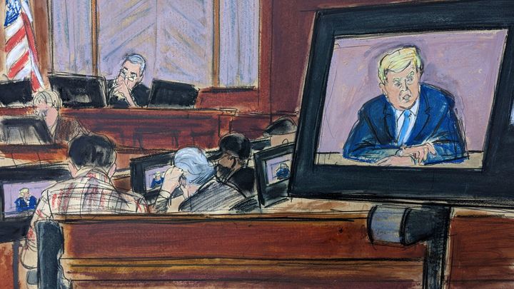 In this courtroom sketch, Donald Trump's deposition videotape is played on a large screen Wednesday for the jury (lower left) with Judge Lewis Kaplan presiding in Manhattan federal court.
