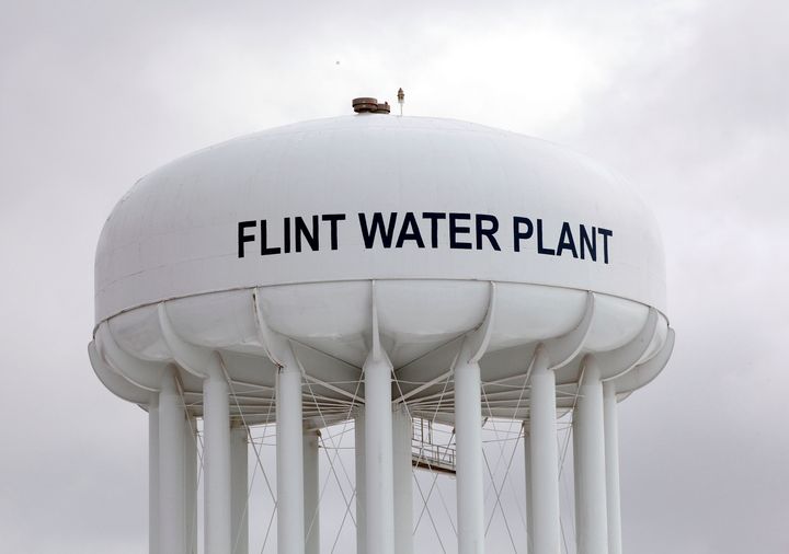 The Flint Water Plant tower is seen Jan. 13, 2016, in Flint, Michigan, following revelations of lead contamination in the water supply.