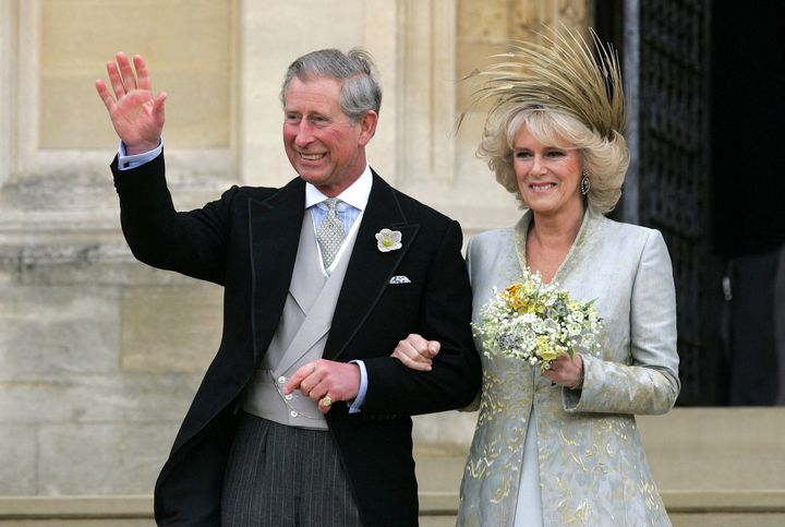 Prince Charles and The Duchess of Cornwall leave St. George's Chapel in Windsor Castle, following the Service of Prayer and Dedication following their marriage, April 9, 2005.