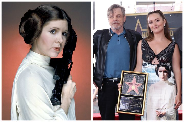 Carrie Fisher as Princess Leia (left), and Billie Lourd and Mark Hamill at her Hollywood Walk of Fame ceremony on Thursday.