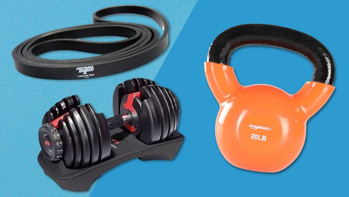A Perform Better Superband, Bowflex SelectTech adjustable dumbbell and Amazon Basics kettleball