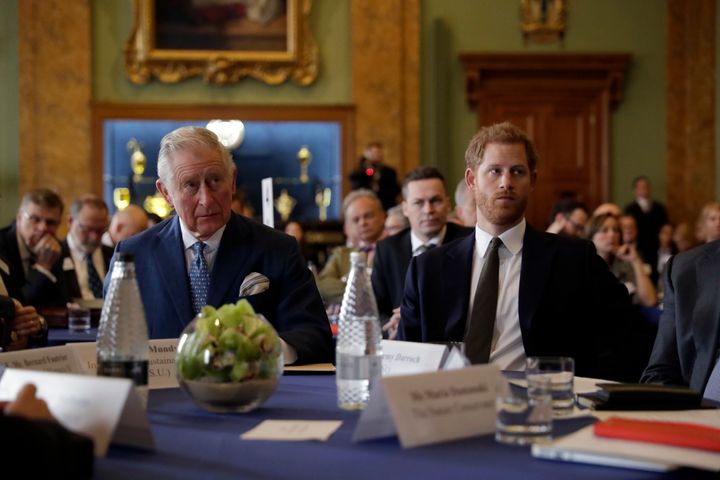 Prince Harry and Prince Charles attend the International Year of the Reef 2018 meeting at Fishmongers' Hall on Feb. 14, 2018, in London.