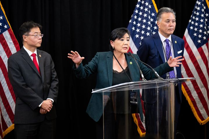 Rep. Judy Chu (D-Calif.), the chair of the Congressional Asian Pacific American Caucus, Rep. Ted Lieu (D-Calif.), left, and Rep. Mark Takano (D-Calif.), right, were among the leaders of the caucus group signing a statement against land ownership bans based on nationality.
