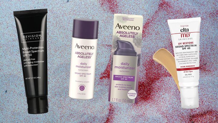 Revision Skincare broad spectrum sunscreen, Aveeno daily moisturizer with SPF 30 and EltaMD broad spectrum SPF 40
